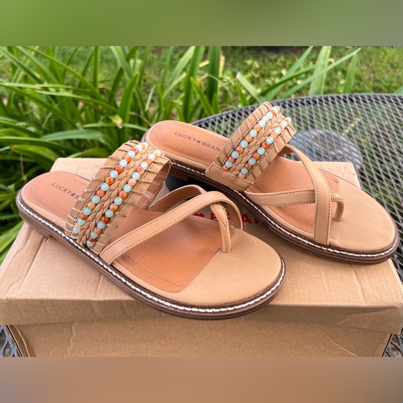 Lucky Brand KAYKEY Santa Fe Beaded Toe Ring Criss Cross Sandstorm Sandals 7 New - Picture 5 of 7
